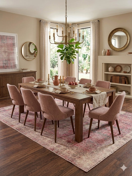 8' x 12' Rectangular Pink & Ivory Distressed Oriental Vintage Area Rug showcased beneath a wooden dining table with blush upholstered chairs.