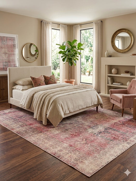 8' x 12' Rectangular Pink & Ivory Distressed Oriental Vintage Area Rug styled in a serene bedroom with cream bedding and elegant pink decor.