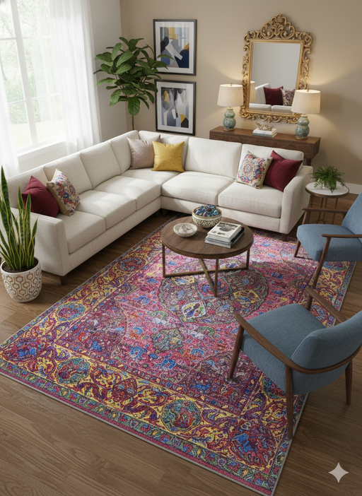 8' x 12' Rectangular Pink  Multi Color Medallion Traditional Washable Area Rug placed in a cozy living room with light wood flooring and natural light 
streaming through the windows.