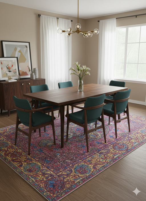8' x 12' Rectangular Pink  Multi Color Medallion Traditional Washable Area Rug placed under a wooden dining table in a bright, modern dining room with natural light.