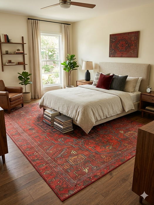 8' x 12' Rectangular Red & Black Tribal Geometric Traditional Area Rug styled in a bedroom with a wooden bed frame and neutral bedding.