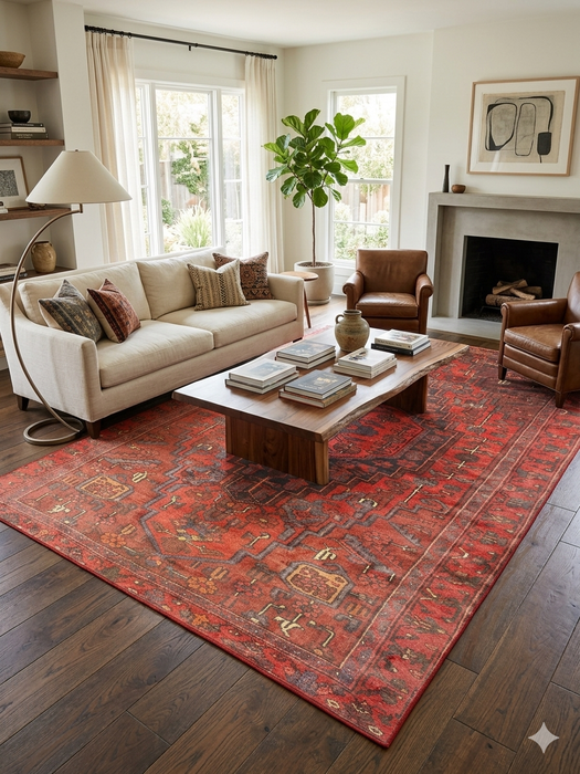 8' x 12' Rectangular Red & Black Tribal Geometric Traditional Area Rug styled in a living room with a sofa, armchairs, and a coffee table.