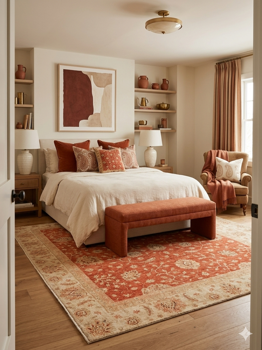8' x 12' Rectangular Rust Orange & Ivory Floral Traditional Washable Area Rug styled in a bedroom with warm-toned bedding and accent decor.