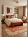 8' x 12' Rectangular Rust Orange & Ivory Floral Traditional Washable Area Rug styled in a bedroom with warm-toned bedding and accent decor.