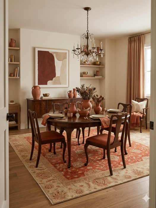 8' x 12' Rectangular Rust Orange & Ivory Floral Traditional Washable Area Rug styled in a dining room with a wooden table and chairs.
