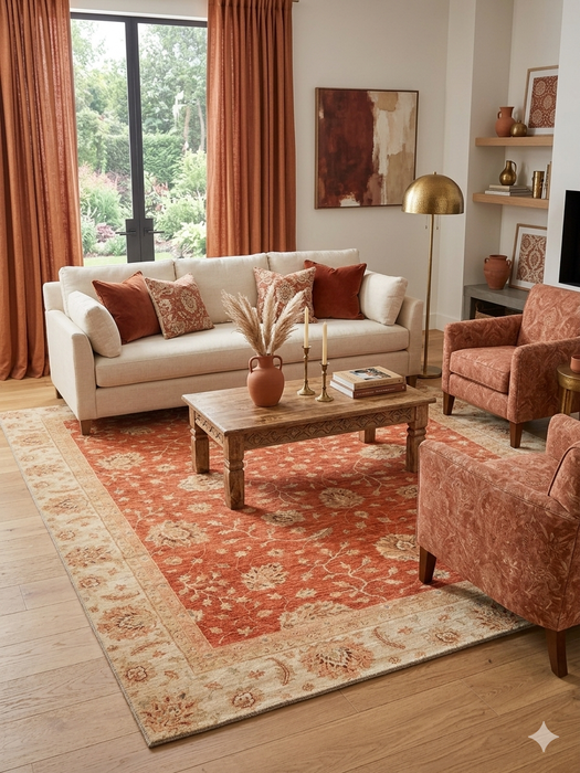 8' x 12' Rectangular Rust Orange & Ivory Floral Traditional Washable Area Rug styled in a living room with a sofa, coffee table, and accent chairs.