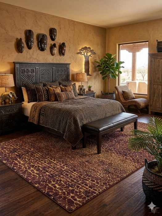 8' x 12' rectangular brown & tan animal print leopard pattern modern area rug placed in a cozy bedroom with a carved wood bed and neutral textiles.