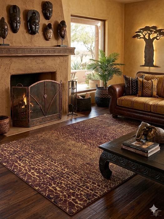 8' x 12' rectangular brown & tan animal print leopard pattern modern area rug styled in a living room with a fireplace, leather sofa, and natural accents.