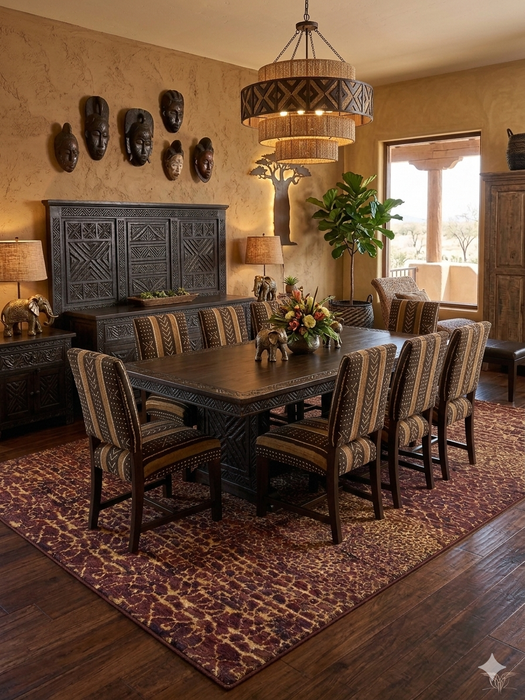8' x 12' rectangular brown & tan animal print leopard pattern modern area rug styled in a warm dining room with wood furniture and earthy decor.