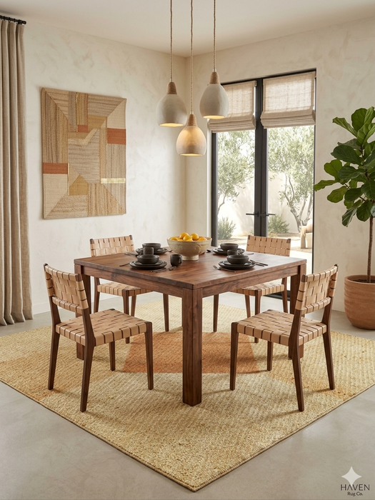 8' x 8' Square Beige Orange Geometric Modern Area Rug placed in a minimalist dining room with a wooden table and woven chairs.