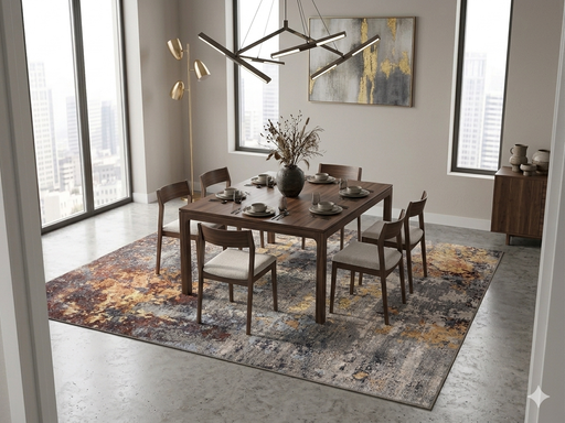 8' x 8' Square Gray Gold Abstract Modern Washable Area Rug featured in a contemporary dining room with a dark wood dining table and six upholstered chairs.