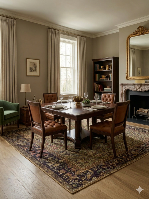 8' x 8' Square Green & Brown Floral Traditional Oriental Area Rug styled in a classic dining room.