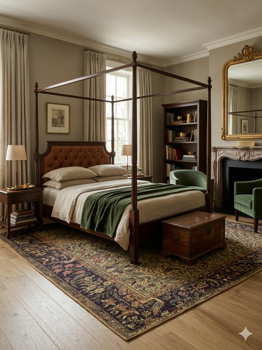 8' x 8' Square Green & Brown Floral Traditional Oriental Area Rug styled in a traditional bedroom.