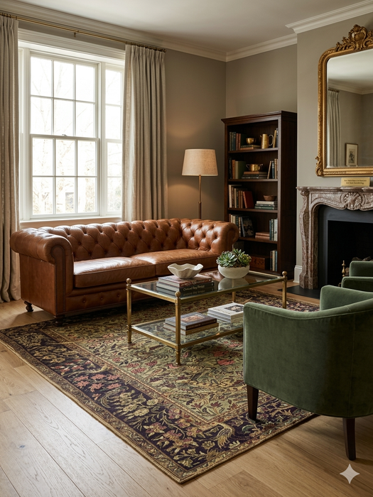 8' x 8' Square Green & Brown Floral Traditional Oriental Area Rug styled in an elegant living room.