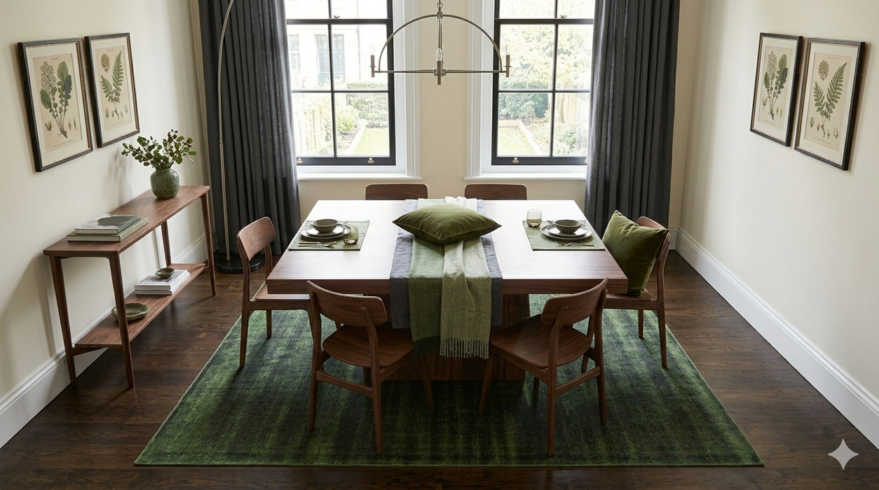 8' x 8' Square Green & Charcoal Distressed Abstract Modern Washable Area Rug styled in a dining room with a wooden table and chairs.