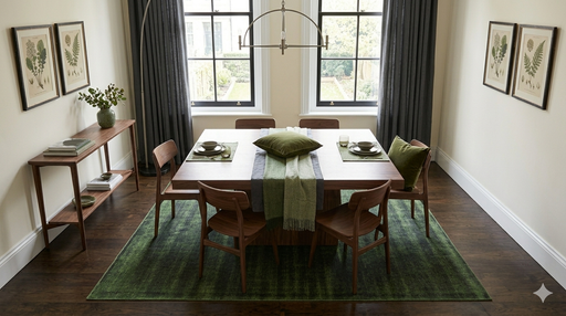 8' x 8' Square Green & Charcoal Distressed Abstract Modern Washable Area Rug styled in a dining room with a wooden table and chairs.
