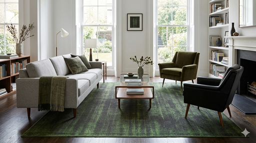 8' x 8' Square Green & Charcoal Distressed Abstract Modern Washable Area Rug styled in a living room with a sofa, armchairs, and a coffee table.