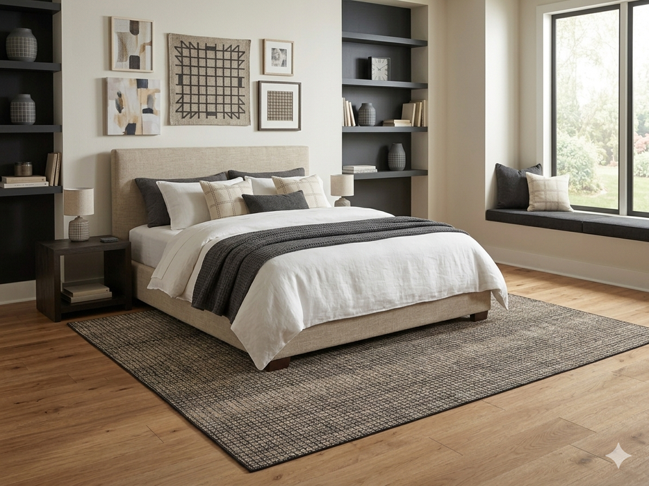 8' x 8' Square Ivory Charcoal Grid Modern Washable Area Rug placed under a bed in a modern bedroom with layered white and gray bedding.