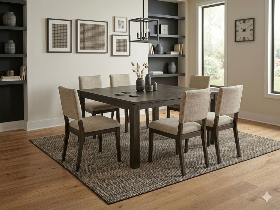 8' x 8' Square Ivory Charcoal Grid Modern Washable Area Rug shown beneath a dark wood dining table with upholstered chairs in a minimalist dining room.