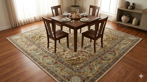 8' x 8' Square Ivory & Multicolor Floral Medallion Traditional Area Rug styled under a square dining table in a formal dining room.