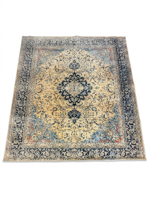8' x 8' Square Ivory & Navy Blue Floral Medallion Traditional Area Rug isolated on a white background.
