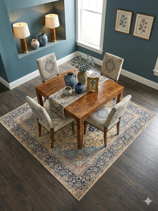 8' x 8' Square Ivory & Navy Blue Floral Medallion Traditional Area Rug showcased beneath a wooden dining table with coordinating upholstered chairs.