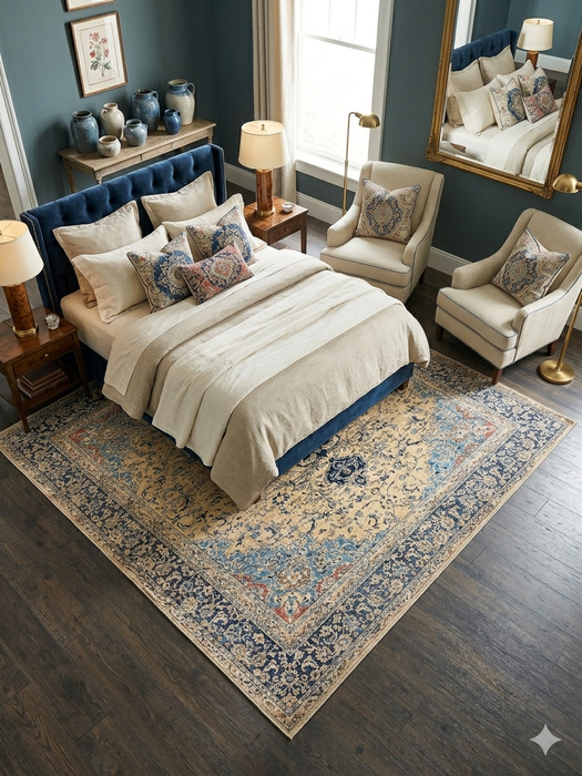 8' x 8' Square Ivory & Navy Blue Floral Medallion Traditional Area Rug styled in a sophisticated bedroom with a navy upholstered bed and cream bedding.