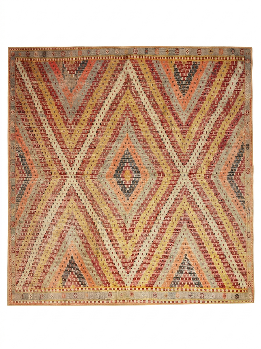 8' x 8' Square Peach & Yellow Geometric Tribal Southwestern Area Rug isolated on a white background.