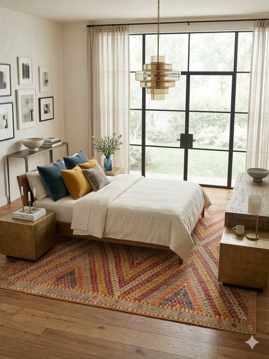 8' x 8' Square Peach & Yellow Geometric Tribal Southwestern Area Rug styled in a modern bedroom.