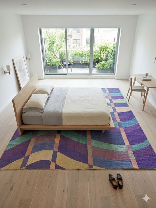 8' x 8' Square Purple Multi Color Wavy Striped Modern Washable Area Rug styled in a bedroom with light wood furniture and minimal decor.