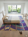 8' x 8' Square Purple Multi Color Wavy Striped Modern Washable Area Rug styled in a bedroom with light wood furniture and minimal decor.