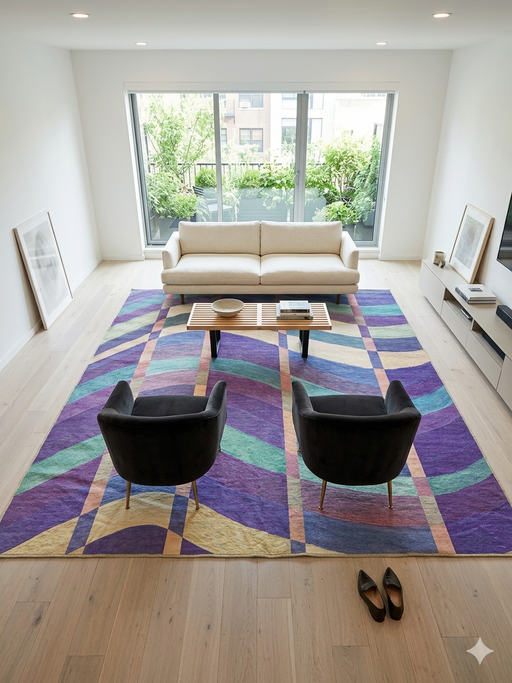 8' x 8' Square Purple Multi Color Wavy Striped Modern Washable Area Rug styled in a bright living room with neutral seating and large windows.