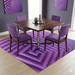 8' x 8' Square Purple & Pink Geometric Optical Modern Area Rug placed under a modern dining table in a vibrant dining room.