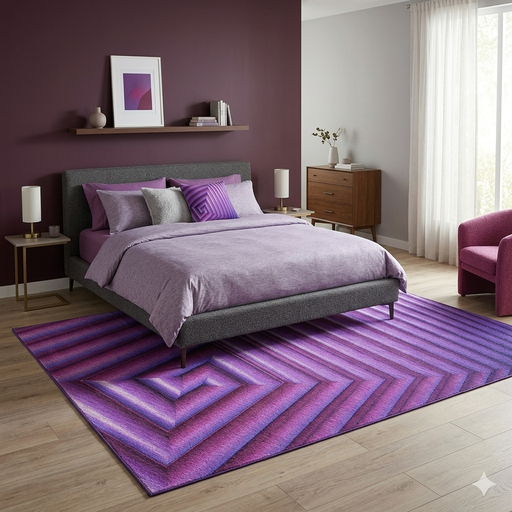 8' x 8' Square Purple & Pink Geometric Optical Modern Area Rug styled beneath a bed in a chic contemporary bedroom.