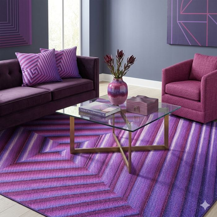 8' x 8' Square Purple & Pink Geometric Optical Modern Area Rug styled in a bold contemporary living room with violet accents.