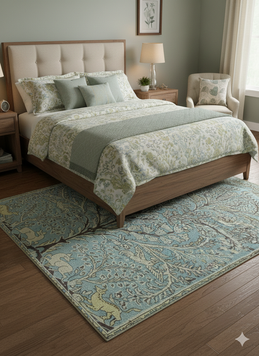 8' x 8' Square Teal Blue Ivory Floral Traditional Area Rug placed in a cozy bedroom setting.