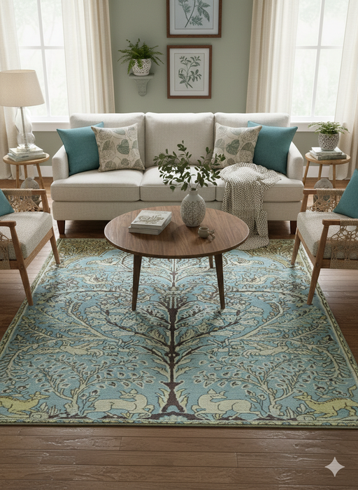 8' x 8' Square Teal Blue Ivory Floral Traditional Area Rug styled in a contemporary living room.