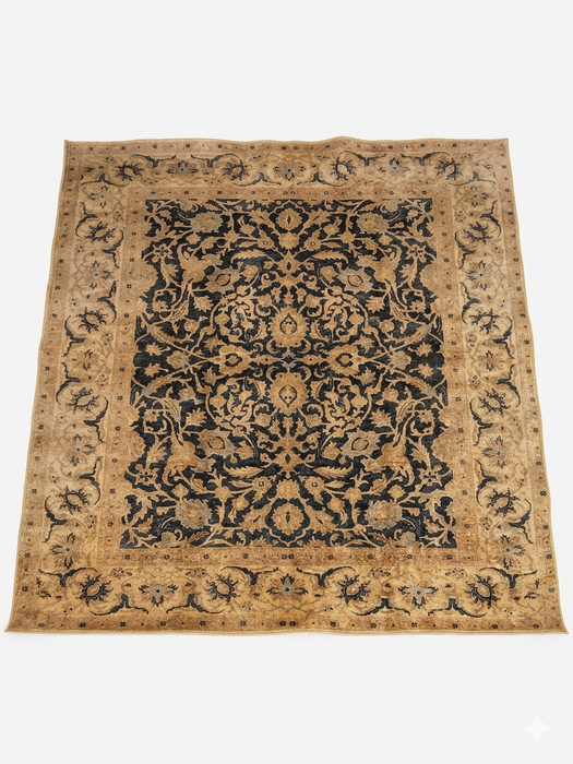 8' x 8' square gold & black floral medallion traditional area rug isolated on a white background.