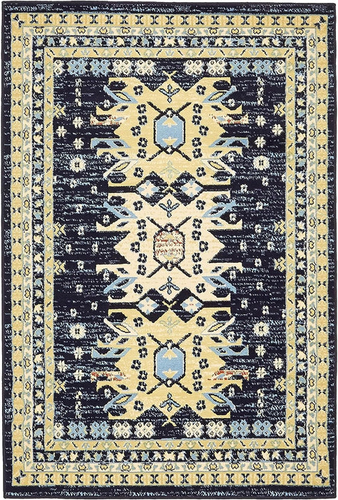 Unique Loom Taftan Collection Border Geometric Tribal Inspired Design Area Rug, 4 ft x 6 ft, Navy Blue/Gold