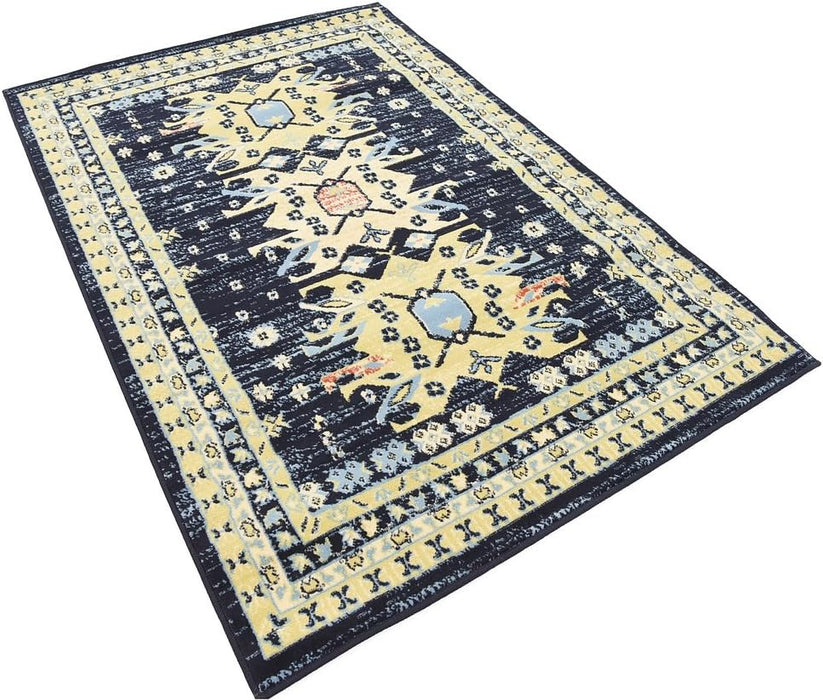 Unique Loom Taftan Collection Border Geometric Tribal Inspired Design Area Rug, 4 ft x 6 ft, Navy Blue/Gold