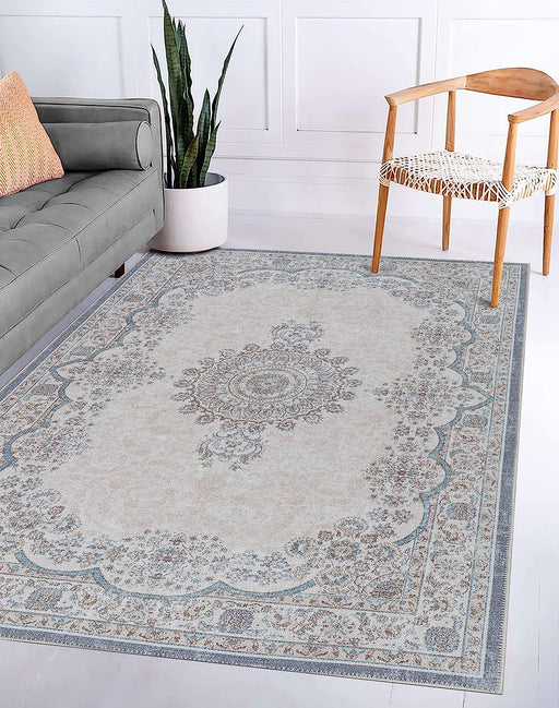 Size 6' x 9' Color Cream Adiva Rugs Machine Washable Area Rug with Non Slip Backing for Living Room, Bedroom, Bathroom, Kitchen, Printed Persian Vintage Home Decor, Floor Decoration Carpet Mat