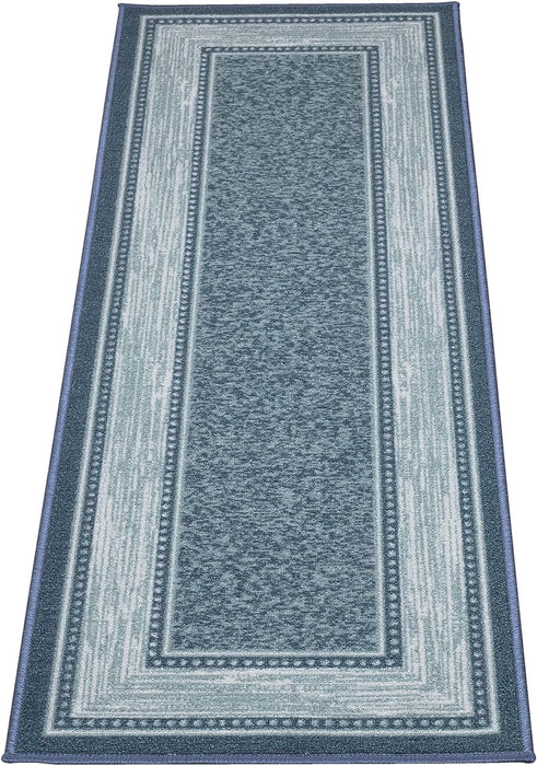 Machine Washable Bordered Design Non-Slip Rubberback 2x5 Traditional Runner Rug for Hallway, Kitchen, Bedroom, Entryway, 20" x 59", Blue