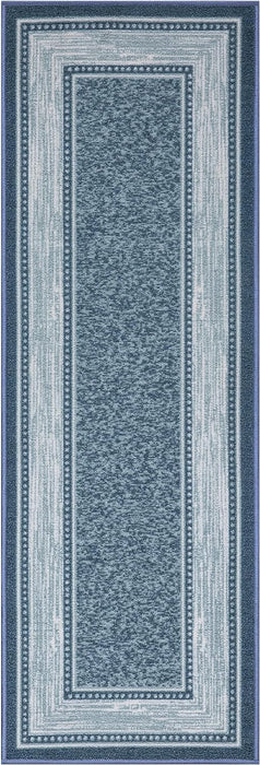 Machine Washable Bordered Design Non-Slip Rubberback 2x5 Traditional Runner Rug for Hallway, Kitchen, Bedroom, Entryway, 20" x 59", Blue