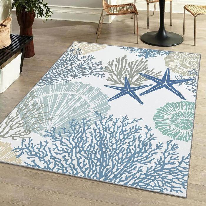 6x9, Blue Coastal Nautical Beach Machine Washable Modern Area Rug