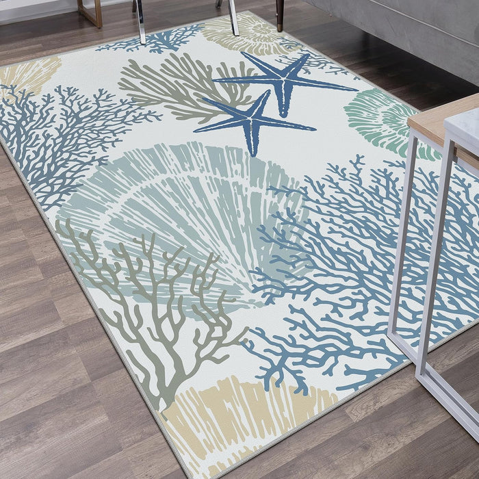 6x9, Blue Coastal Nautical Beach Machine Washable Modern Area Rug