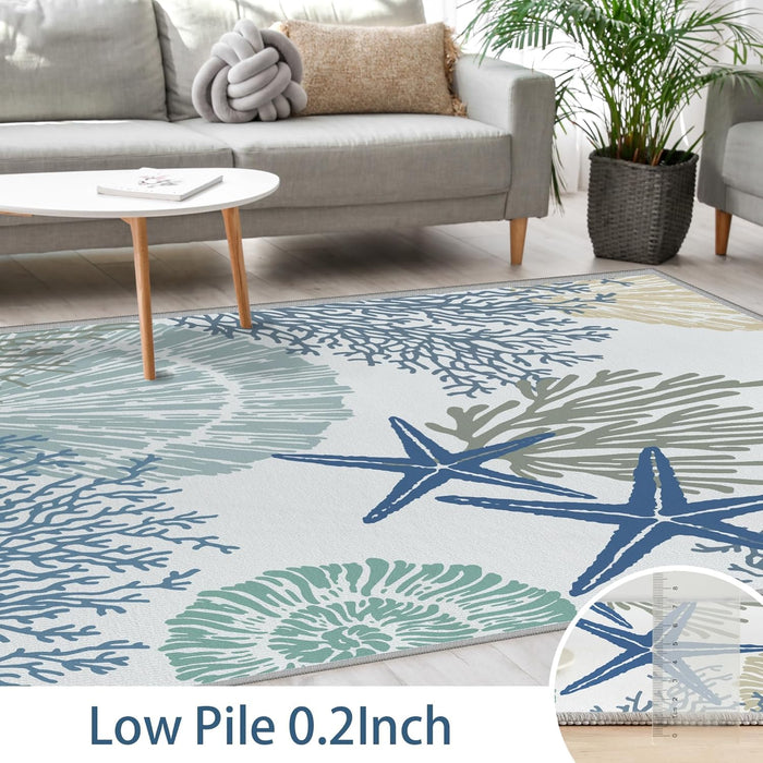 6x9, Blue Coastal Nautical Beach Machine Washable Modern Area Rug