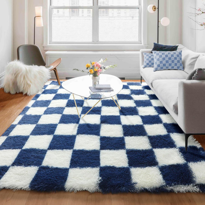 5x8 Navy Blue and Cream White Fluffy Checkered Area Rug Large Soft Fuzzy Plush Bedroom Carpet Shaggy Rug by KICMOR Rugs