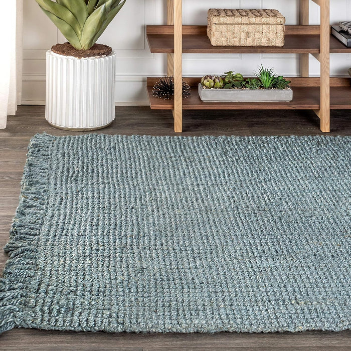 3 ft x 5 ft, Light Blue/Gray Hand Woven Chunky Jute with Fringe Indoor Area -Rug Bohemian Farmhouse