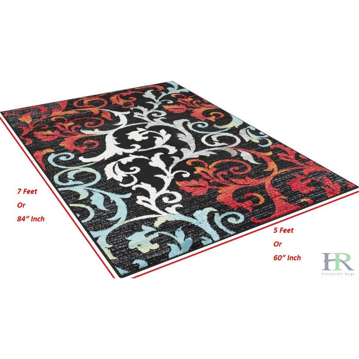 5' x 7' Turquoise/Ivory/Orange/Red/Black -Faded, Allover Floral Distressed Area Rug Swirls Area Rug Abstract, Floral Area Rug