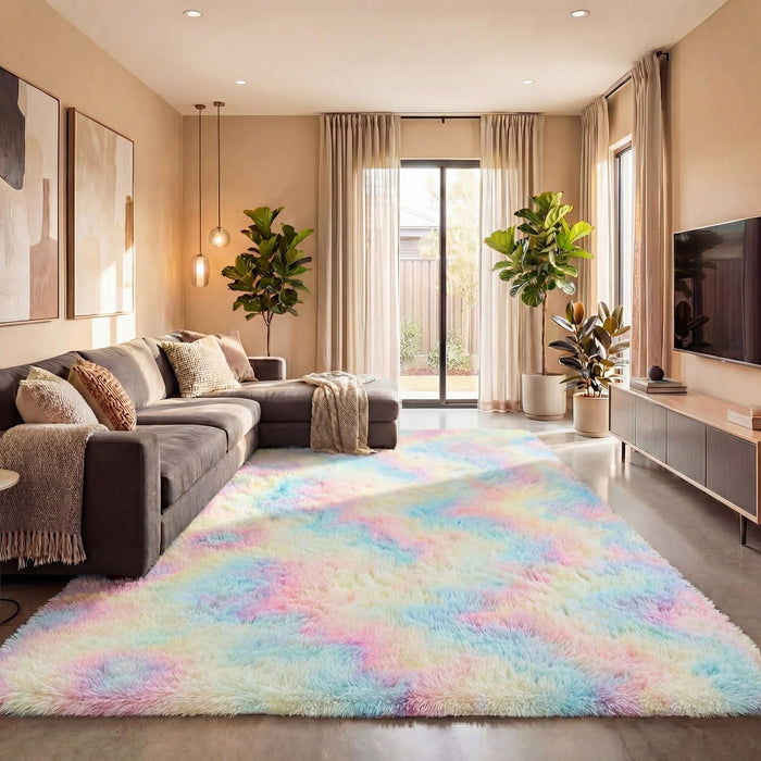 8x10 Feet Shaggy Fuzzy Rug for Kids, Soft Plush Vafodo Fluffy Bedroom Carpet, Nursery Area for Baby, Tie-Dye Rainbow Living Room, Cute Decor for Girls Boys